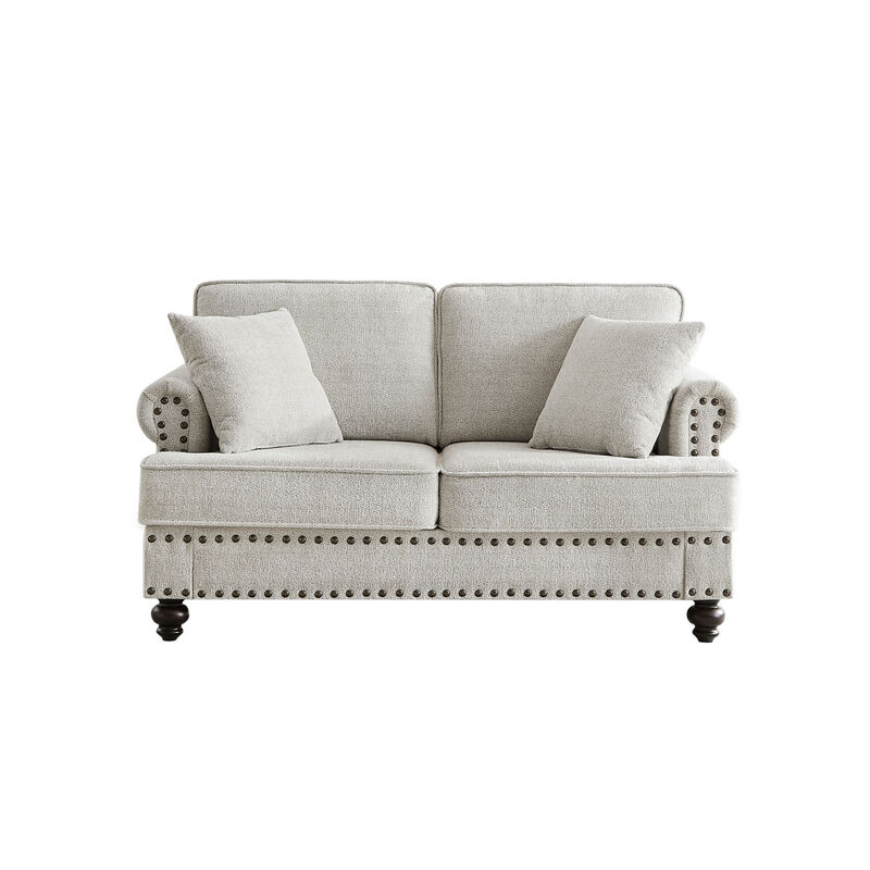 61" Chenille Modern Upholstered Sofas Love Seater With Nails And Armrests (White)