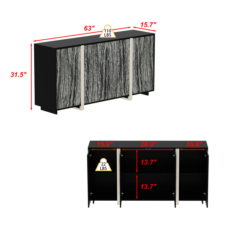 FUFU&GAGA Contemporary Black Sideboard with Marble-Pattern Glass Doors (63" W x 15.7" D x 31.5" H), P2 MDF Cabinet with Silver-Plated Legs