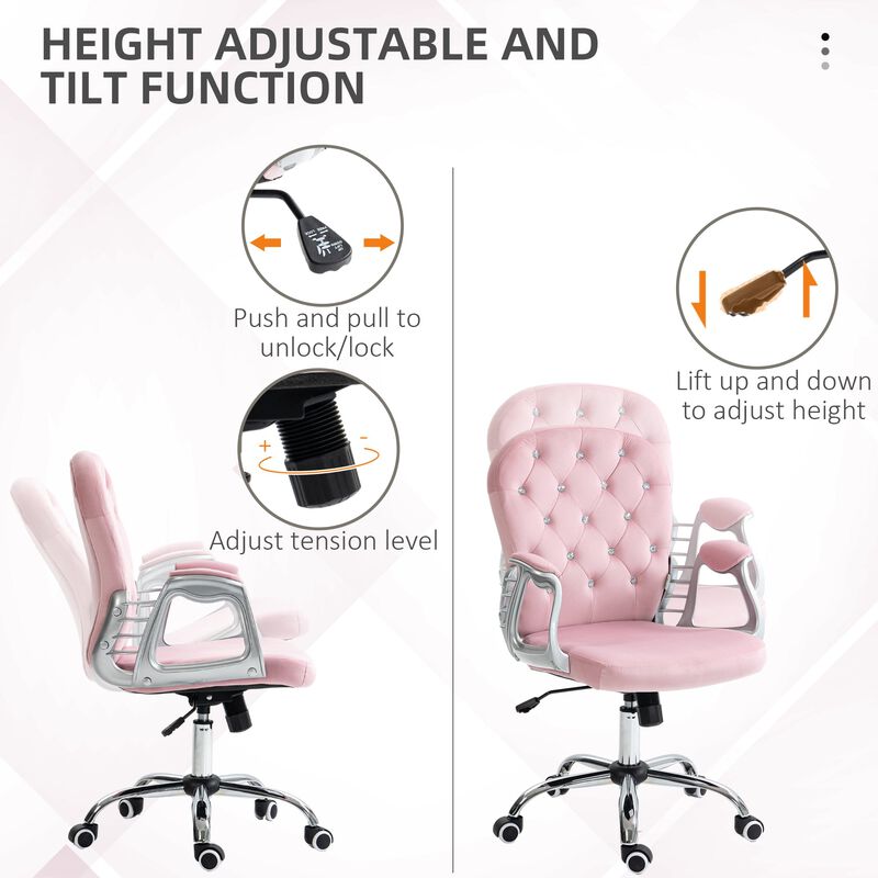 Pink Velvet Office Chair: Tufted, Padded Arms, Swivel