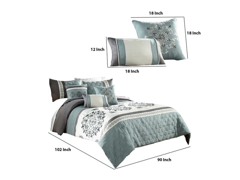 7 Piece King Polyester Comforter Set with Floral Details, Blue and Gray - Benzara