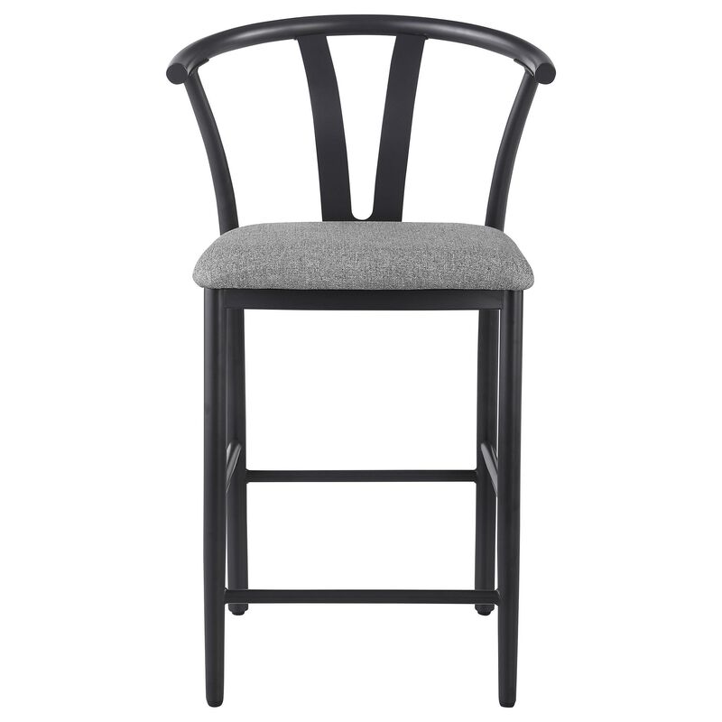 Dola Counter Height Chair Set of 2, Gray Fabric, Black Metal 25 Inch - Benzara