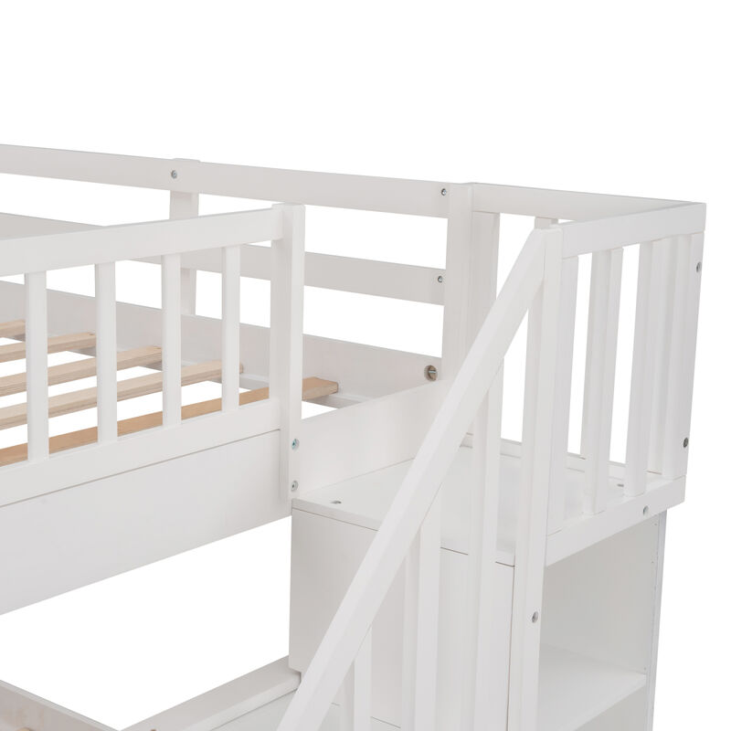 Stairway Full-Over-Full Bunk Bed With Drawer, Storage And Guard Rail For Bedroom