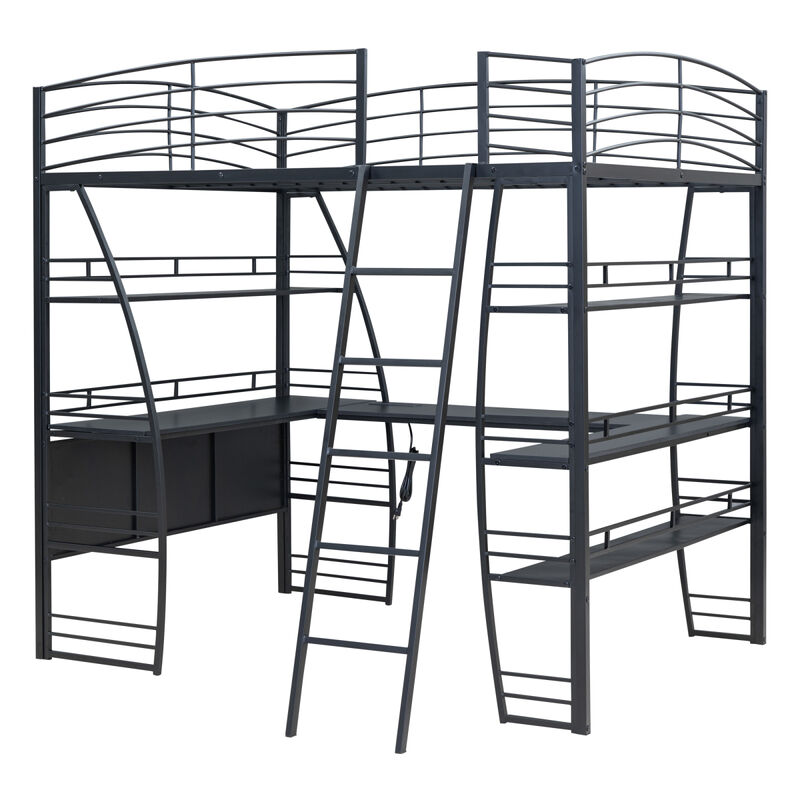 Full Size Loft Bed with Shelves, L-Shaped Desk & Charging Ports