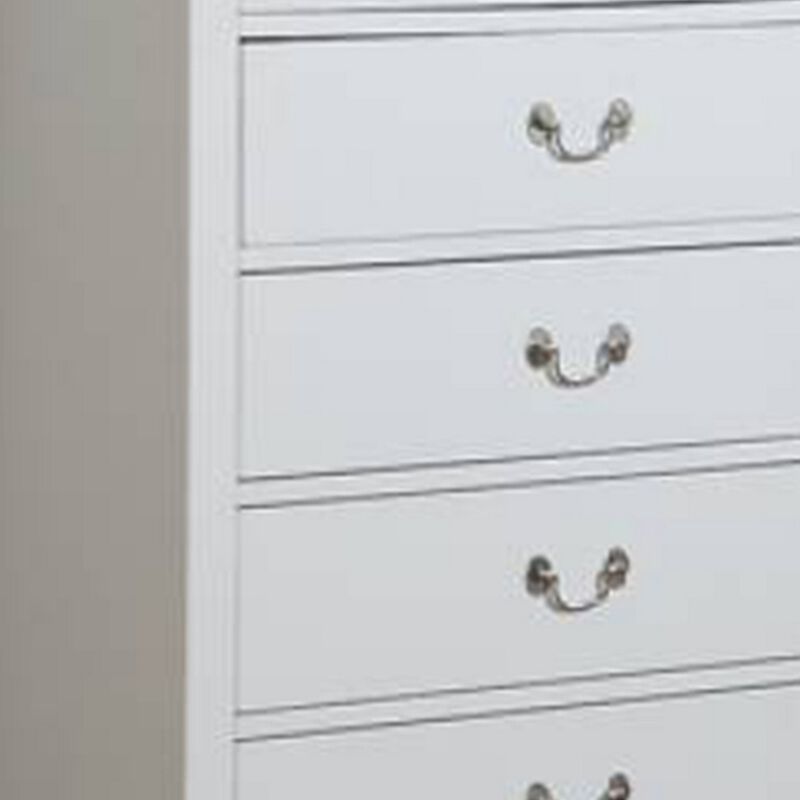 Vix 47 Inch 5 Drawer Tall Dresser Chest, Metal Handles, Crisp White Wood-Benzara
