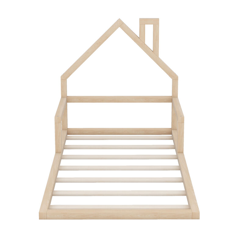 Twin Size Wood Floor Bed With House-Shaped Headboard