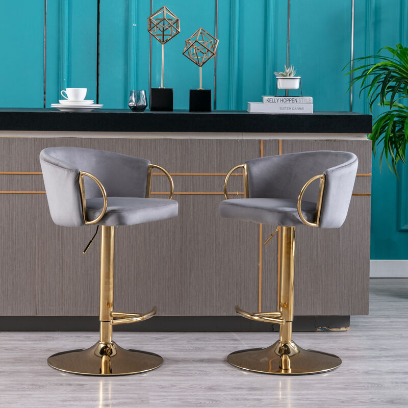 Set of 2 Bar Stools, with Chrome Footrest and Base Swivel Height Adjustable Mechanical Lifting Velvet + Golden Leg Simple Bar Stool-Grey