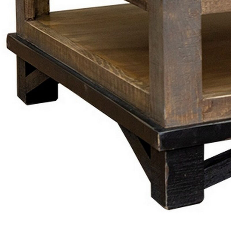 Peya 50 Inch 4 Drawer Coffee Table, Shelf, Distressed Gray, Brown Pine Wood-Benzara