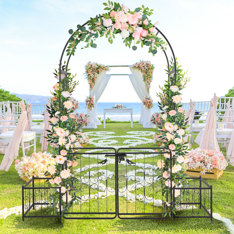 Iron Arch Arbor with Gate & Planter Frame, Outdoor Courtyard Trellis