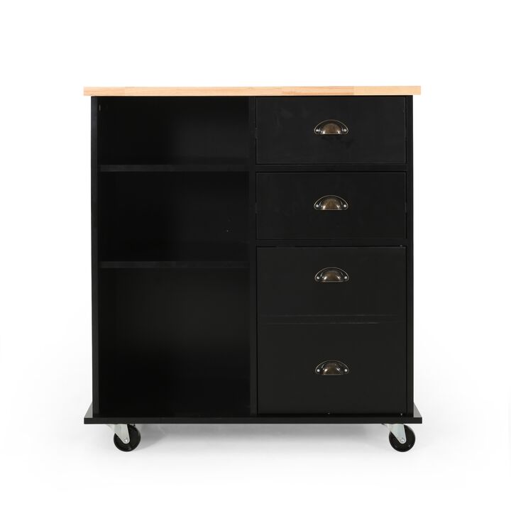 Rolling Kitchen Island Bar Cart w Drawers, Shelves, Brown n Black - Benzara