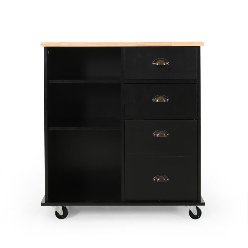Rolling Kitchen Island Bar Cart w Drawers, Shelves, Brown n Black - Benzara