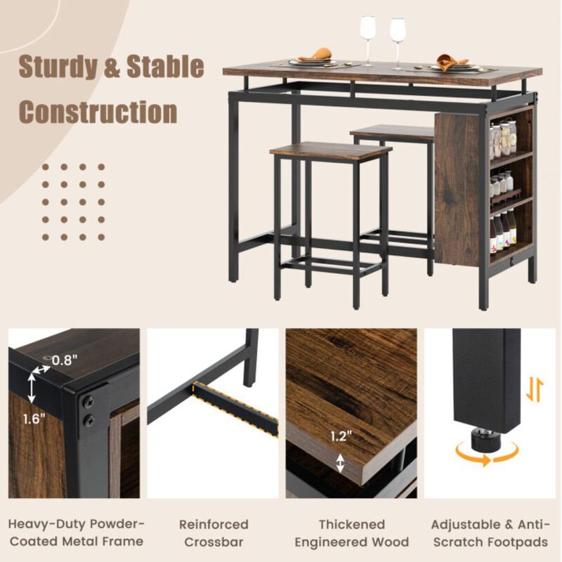 Hivvago 3 Pieces Dining Table Set with 3-Tier Storage Shelf and Metal Frame