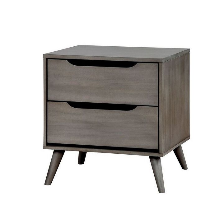 2 Drawer Wooden Nightstand with Cut Out Pulls, Gray-Benzara