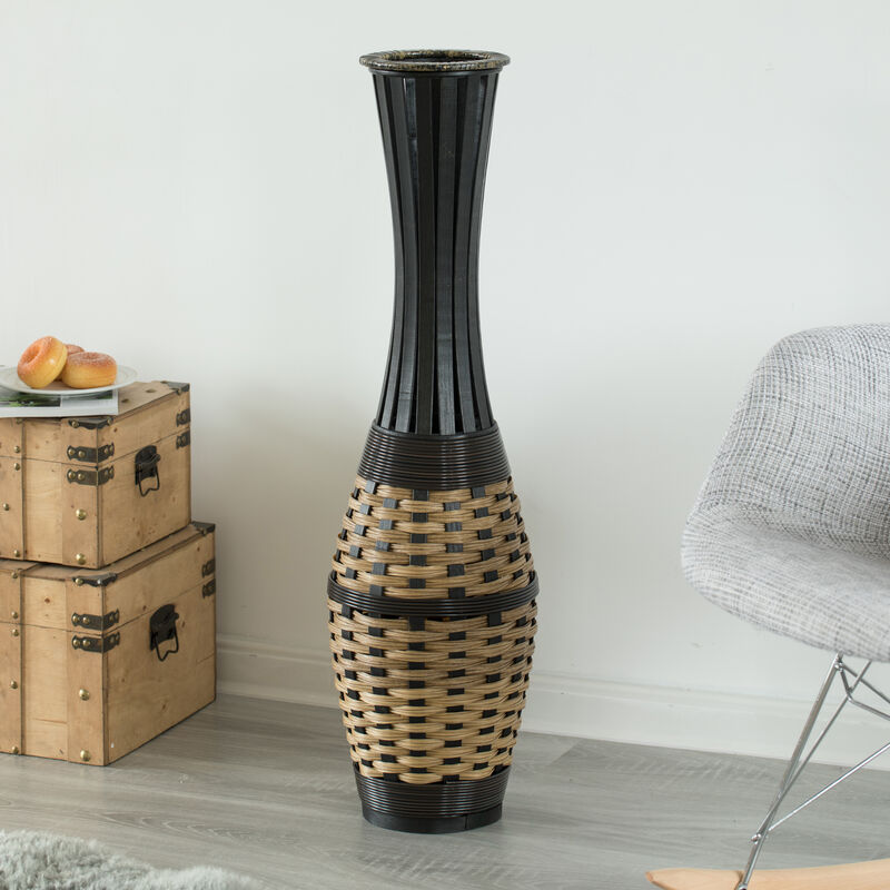 Elegant Antique 34-inch-tall Trumpet Style Floor Vase - Versatile Entryway or Living Room, or Bedroom Decor with Decorative Bamboo Rope Accent - Rich Brown Finish – Modern Statement Vase