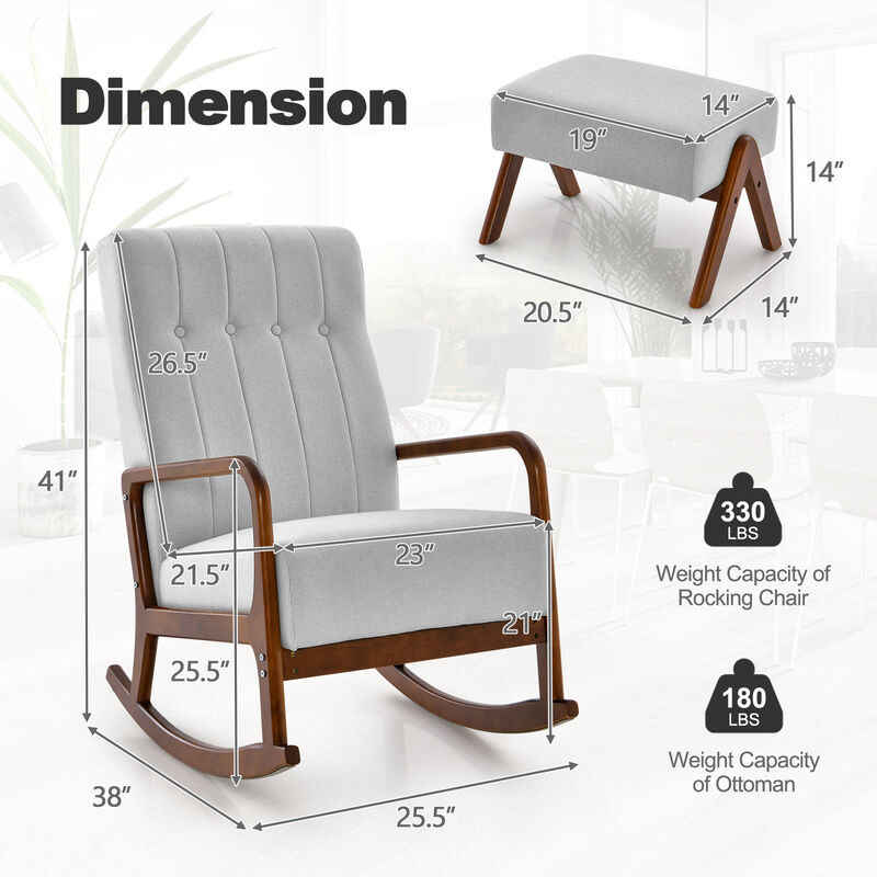 Rocking Chair with Ottoman and Solid Rubber Wood Frame and Padded Cushion-Grey