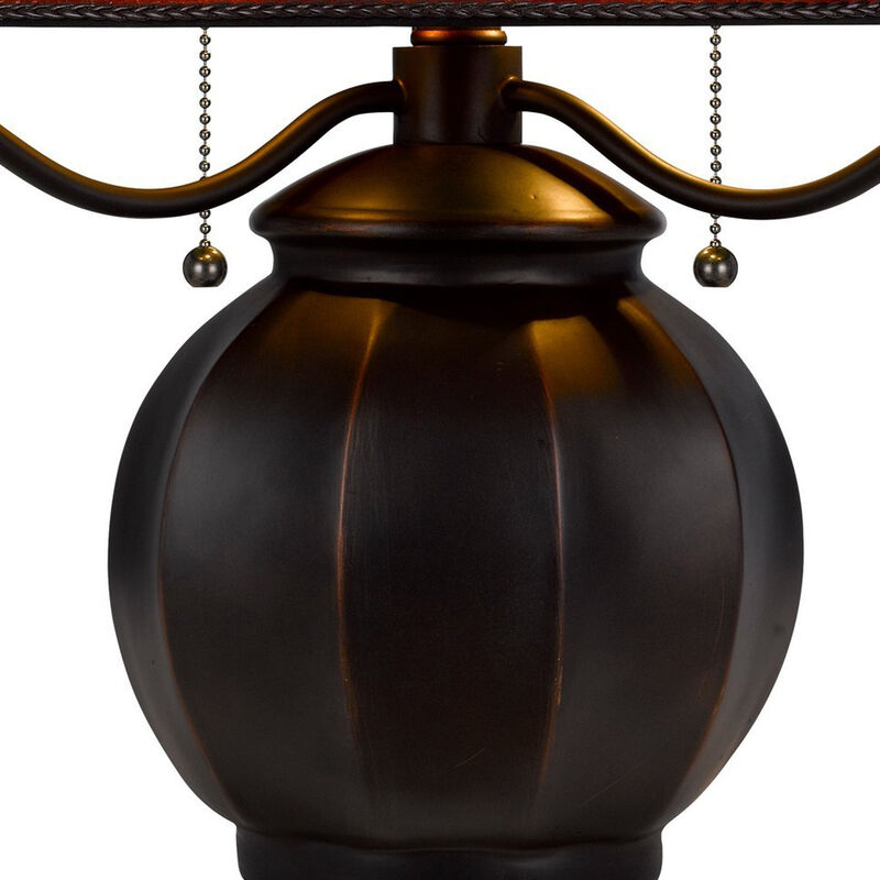 20 Inch Table Lamp, Vintage Red Amber Mica Shade, Upturned Arms, Round Body-Benzara