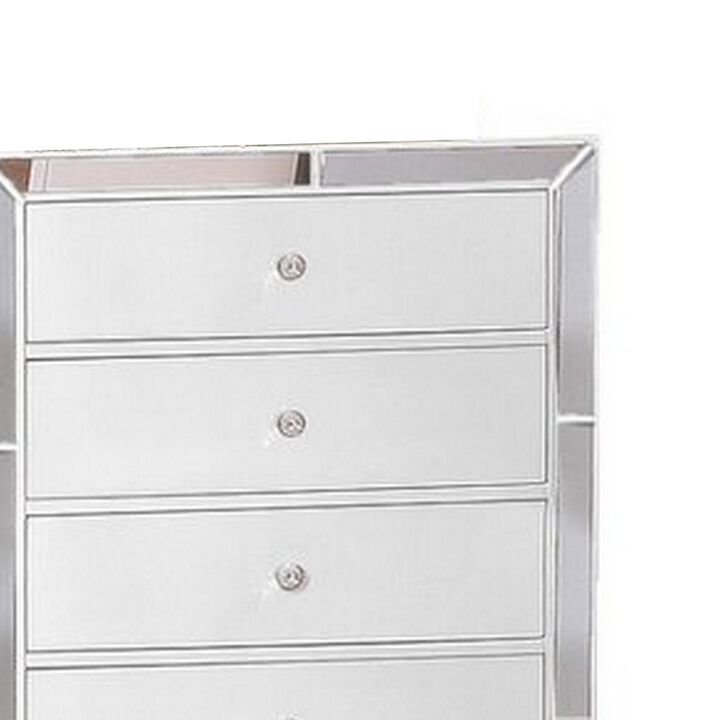 Eli 46 Inch Modern Wood Tall Dresser Chest, 5 Drawers, Mirrored, White-Benzara
