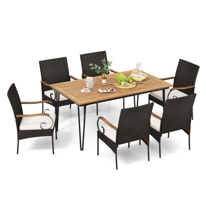 Hivvago 7 Pieces Patio Dining Set with Rattan Armchairs Soft Cushions 2" Umbrella Hole