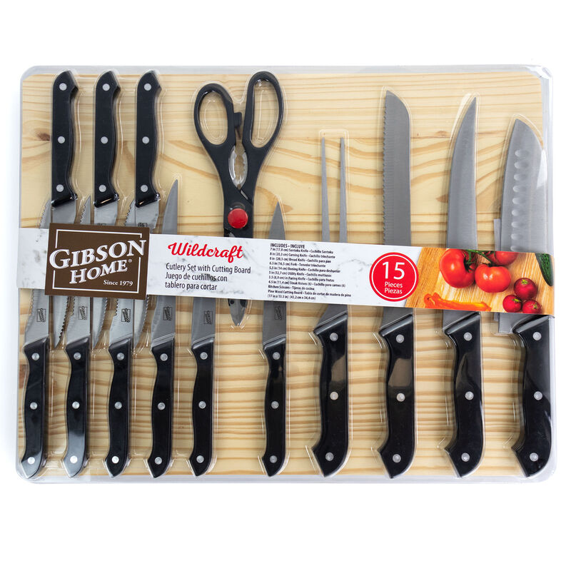 Gibson Home Wildcraft 15 Piece Stainless Steel Cutlery Set with Pine Wood Cutting Board