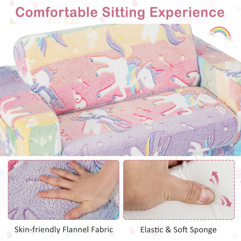 2-in-1 Flip Out Kids Sofa Chair with Detachable Flannel Fabric Cover and Glowing Patterns
