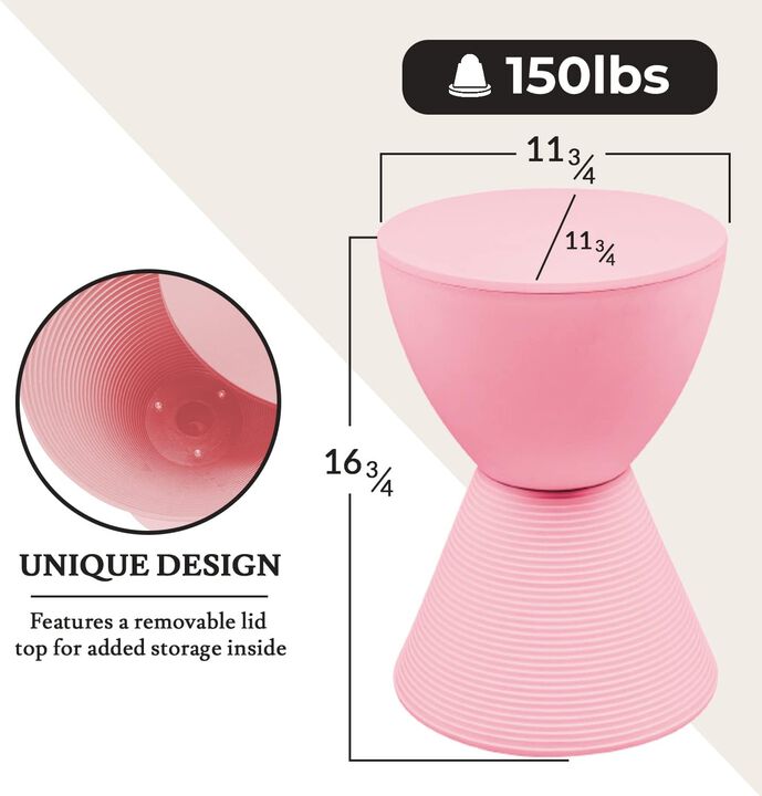 LeisureMod Modern ABS Shell Ribbed Hourglass Accent Drum Side Table with Removable Lid for Storage Indoor and Outdoor Use