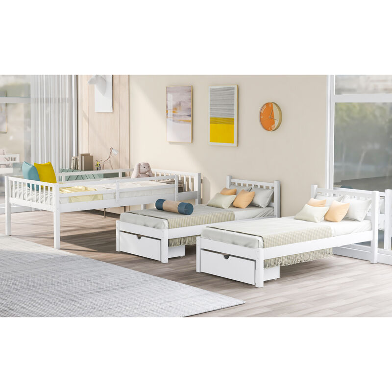 Full Over Twin & Twin Bunk Bed, Wood Triple Bunk Bed With Drawers And Guardrails
