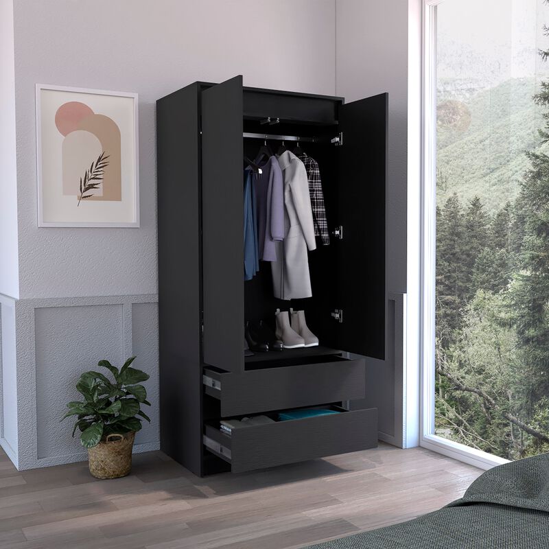 DEPOT E-SHOP Palmer 2 Drawers Armoire, Wardrobe Closet with Hanging Rod, Black