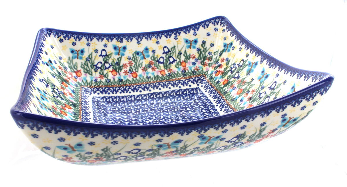 Blue Rose Polish Pottery Garden of Blue Large Square Bowl