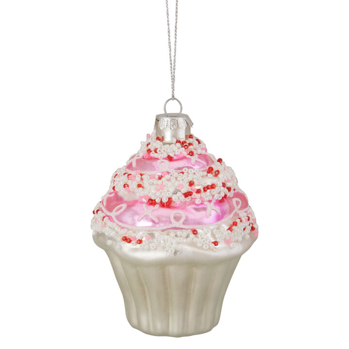 4" Pink and White Cupcake with Sprinkles Glass Christmas Ornament