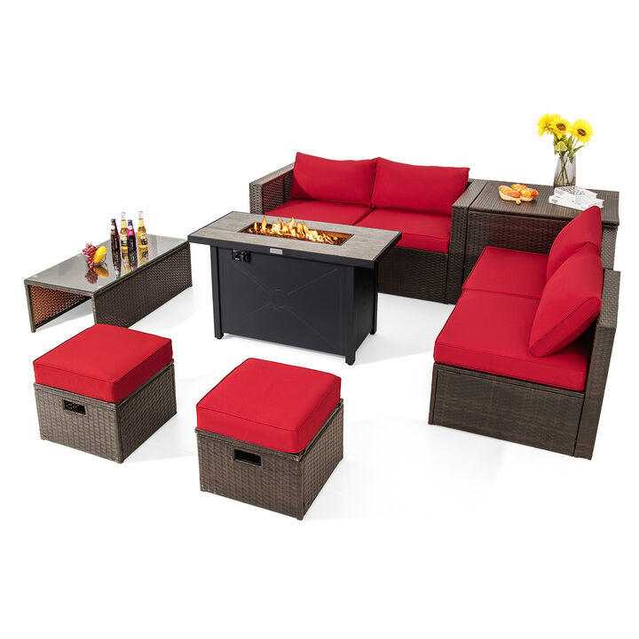 9-Piece Outdoor Patio Furniture Set with Cushions & Propane Fire Pit Table for Garden or Backyard