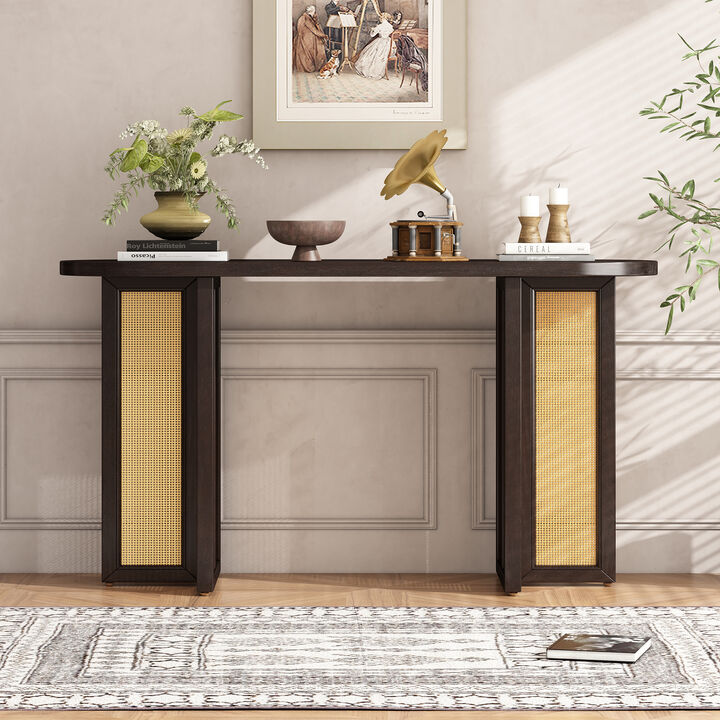 Merax Farmhouse Rattan Console Table for Entryway