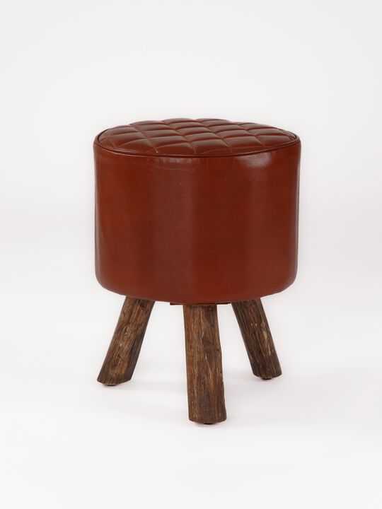 Handmade Eco-Friendly Geometric Buffalo Leather & Wood Black Round Ottomon Stool 18"X14"x14" From BBH Homes