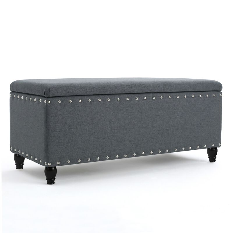 Sharon Storage Ottoman Bench, Dark Gray Fabric, Nailhead Trim, 42 Inch -Benzara