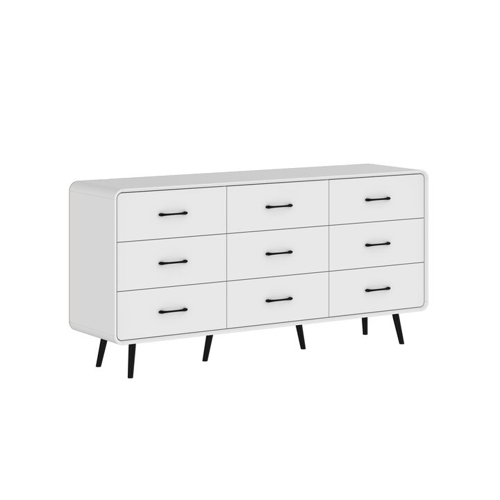 FUFU&GAGA Modern 9-Drawer Dresser, White Storage Dresser with Black Handles & Legs, Wooden Chest of Drawers, (63" W x 30.7" H x 15.7" D),White