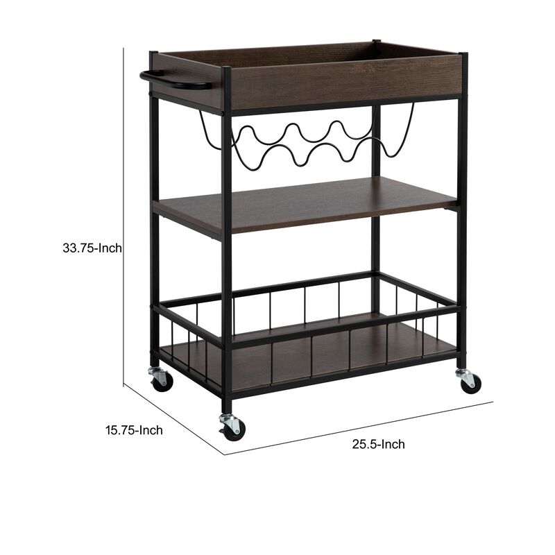 Kelcy 34 Inch Modern Kitchen Bar Cart, 3 Shelves, Wine Rack, Wheels, Brown-Benzara