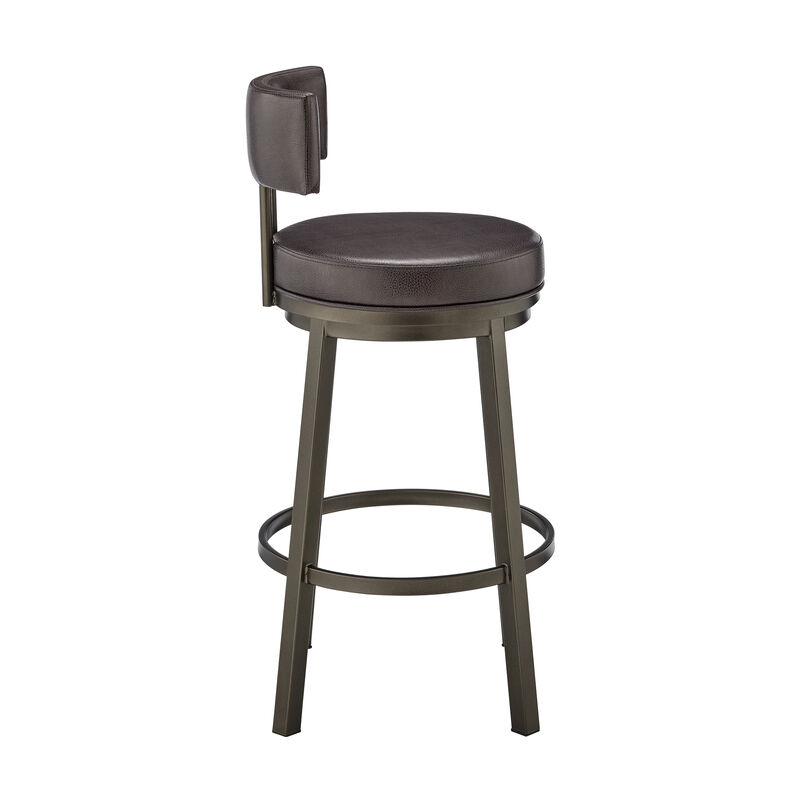 Eleanor 30 Inch Swivel Bar Stool Chair, Round Mocha Brown Faux Leather Seat-Benzara