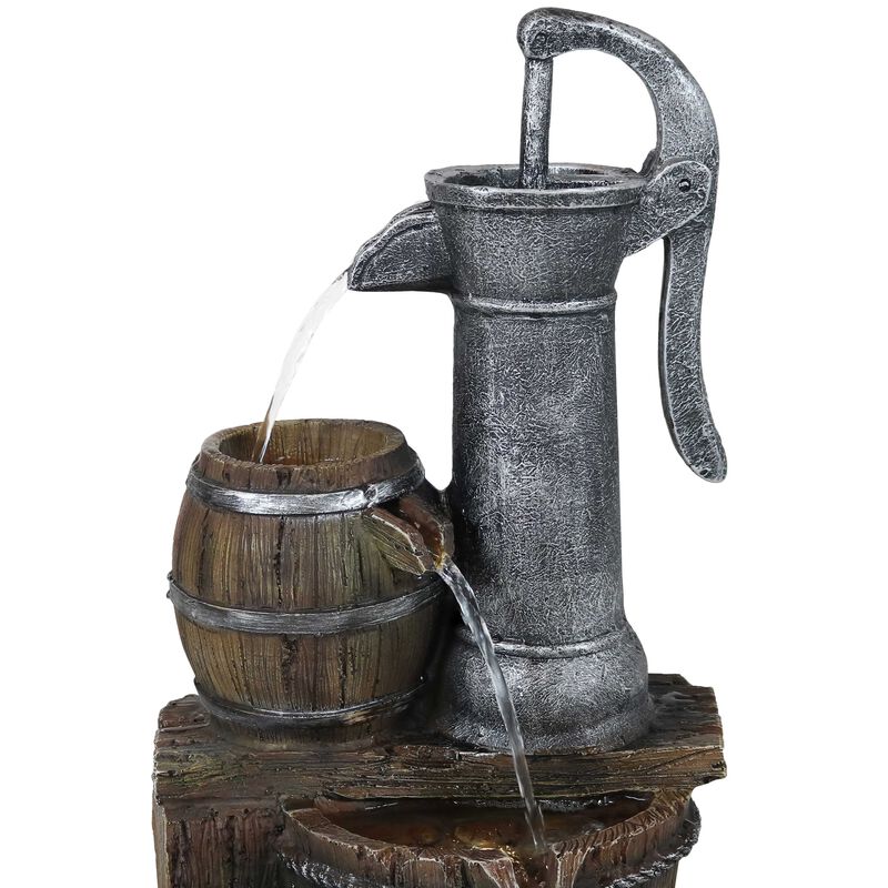 Sunnydaze Cozy Farmhouse Pump/Barrel Water Fountain with LED Lights - 23 in