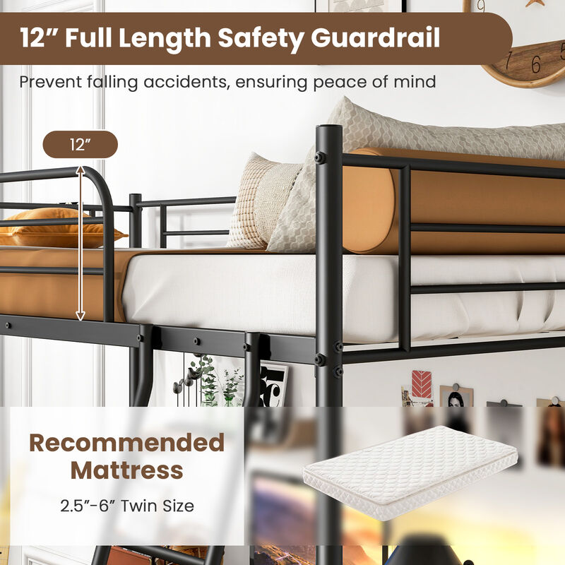 Loft Bed Metal Bed Frame with Ladder and Guardrails