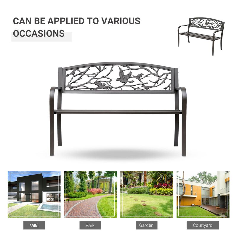 Durable Garden Perch: 50" Brown Metal Patio Bench with Backrest