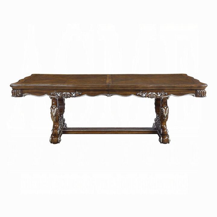 Maver Dining Table, Carved Silver Trim 90-114 Inch Classic Antique Oak - Benzara