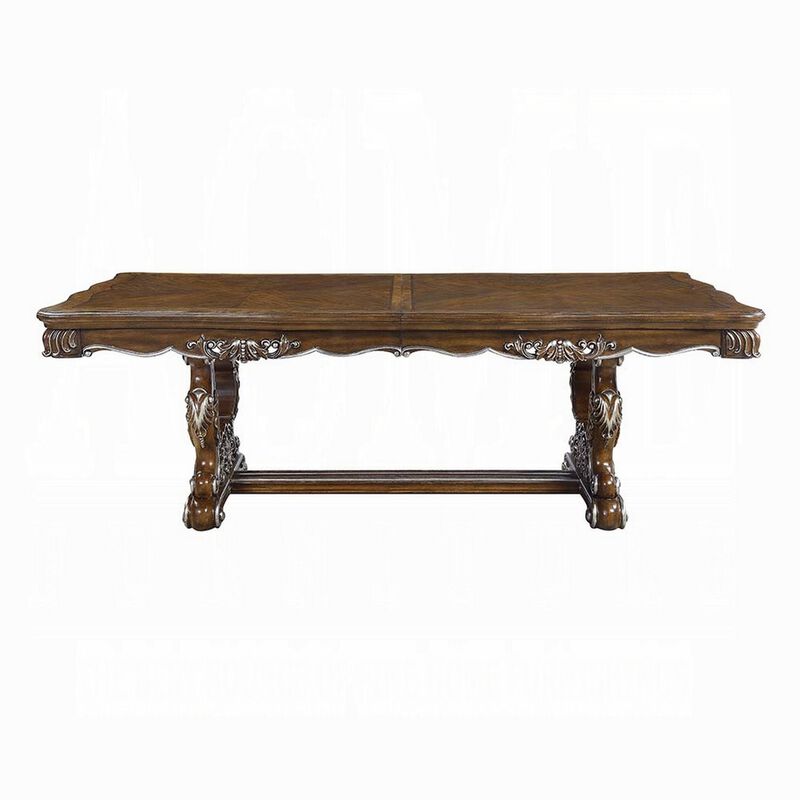 Maver Dining Table, Carved Silver Trim 90-114 Inch Classic Antique Oak - Benzara