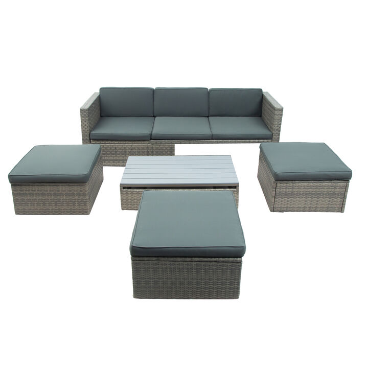 Patio Furniture Sets, 5-Piece Patio Wicker Sofa With Adjustable Backrest, Cushions, Ottomans