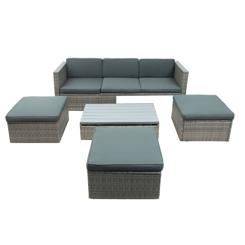 Patio Furniture Sets, 5-Piece Patio Wicker Sofa With Adjustable Backrest, Cushions, Ottomans