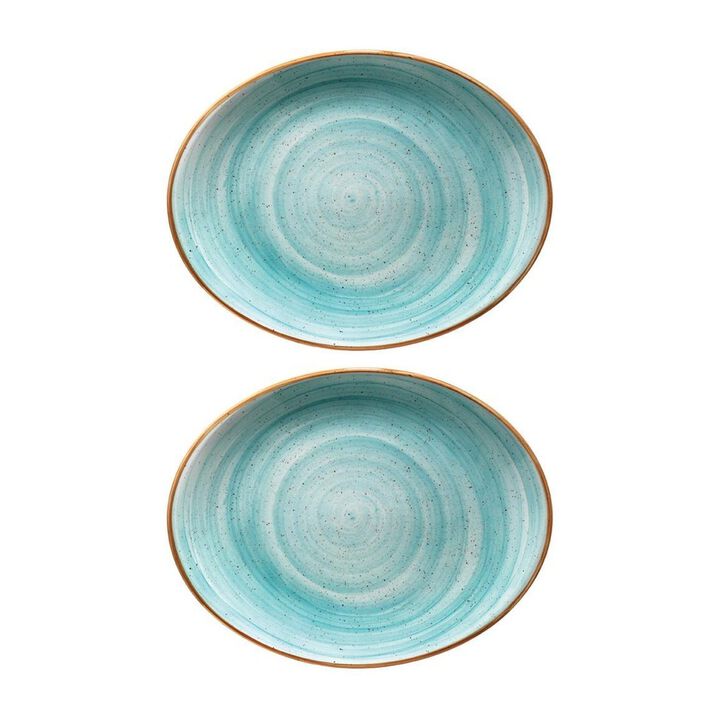 Aqua 9.75" x 7.5" x h:1" Oval Blue Porcelain Platter (Set of 2)