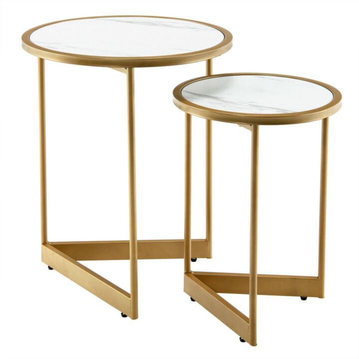 Hivvago Round Nesting Table Set of 2 with Marble-like Tabletop-White