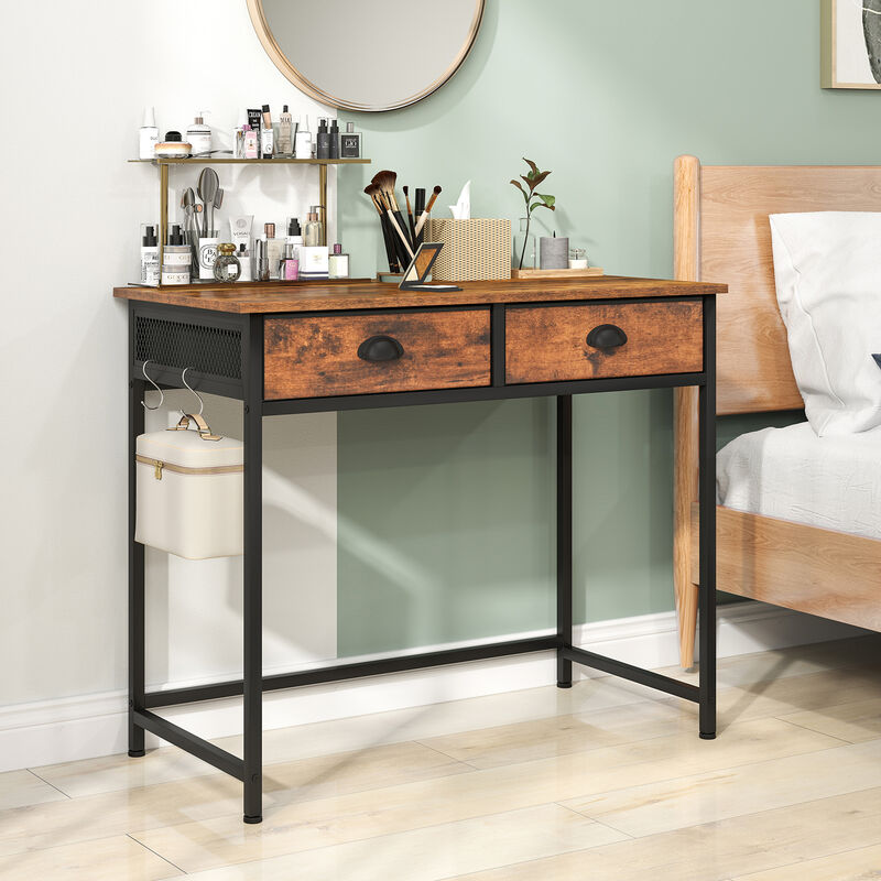 Space-Saving Home Office Desk with 2 Fabric Drawers and 4 Hanging Hooks for Storage