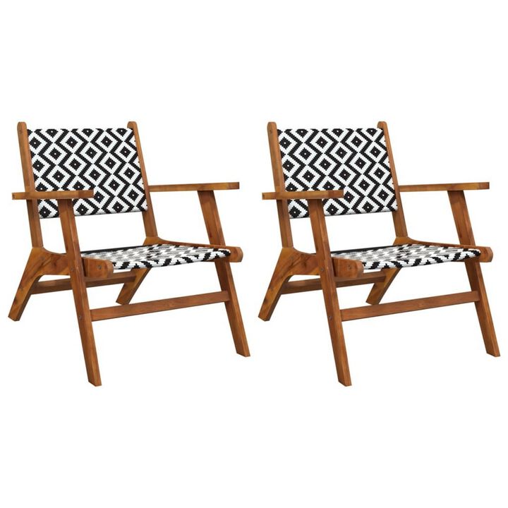 Outdoor Set of 2, Black White Print, Brown Solid Acacia Wood - Benzara