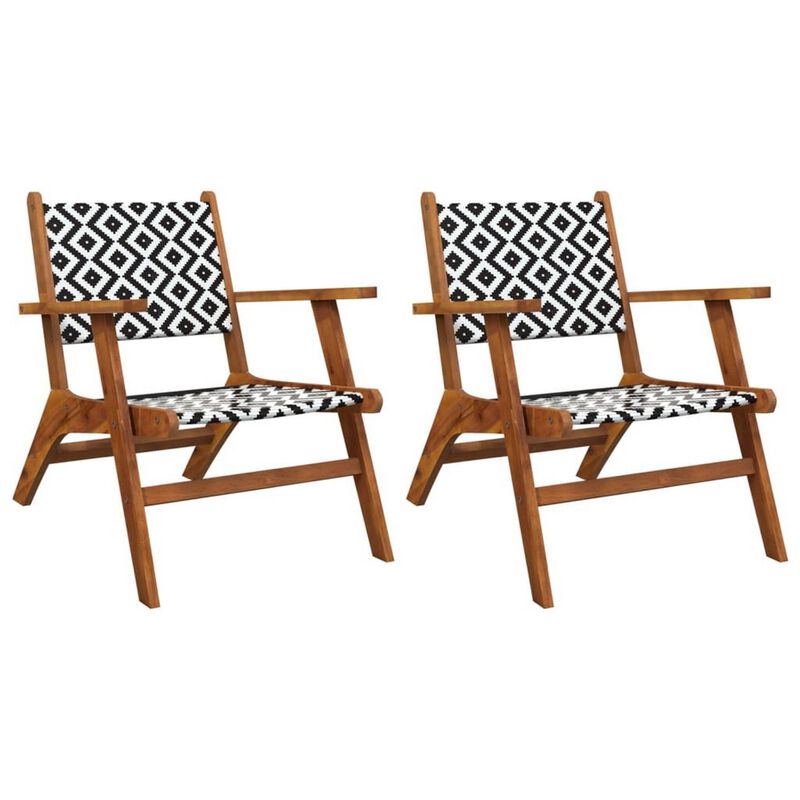 Outdoor Set of 2, Black White Print, Brown Solid Acacia Wood - Benzara
