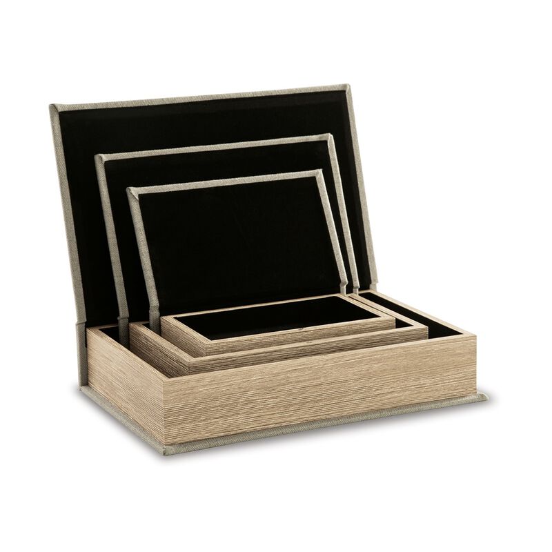 Jolly Decor Storage Book Box Set of 3, Beige Linen, Black Velvet Lining - Benzara