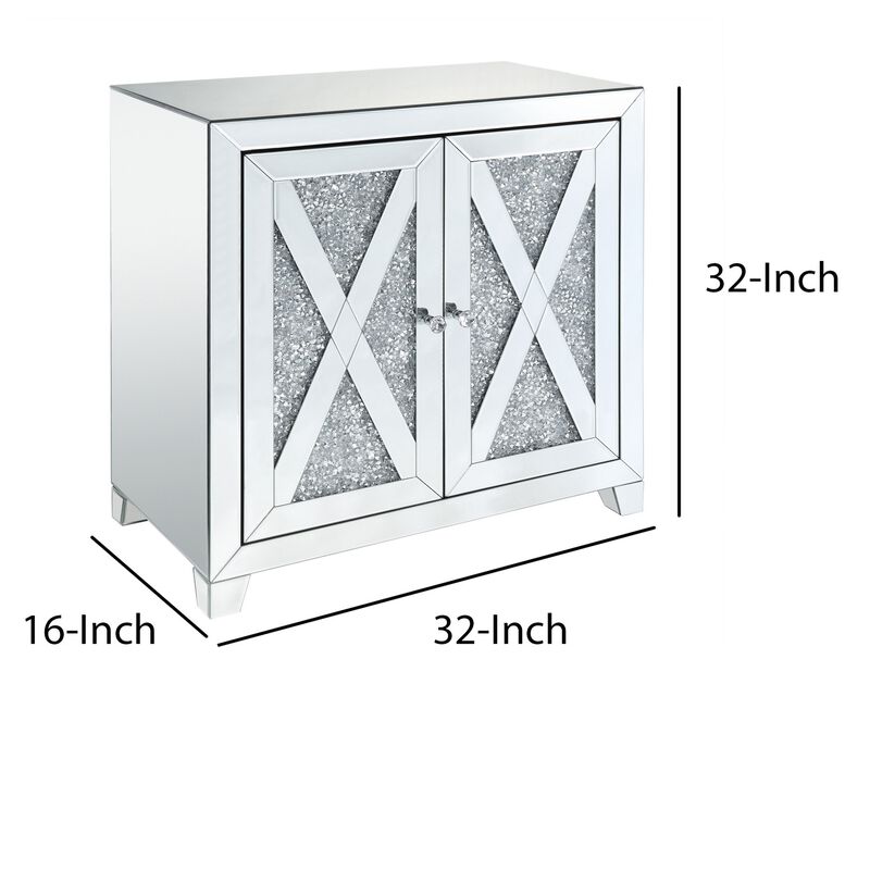 Storage Cabinet with Mirror Trim and X Shape Design, Silver-Benzara