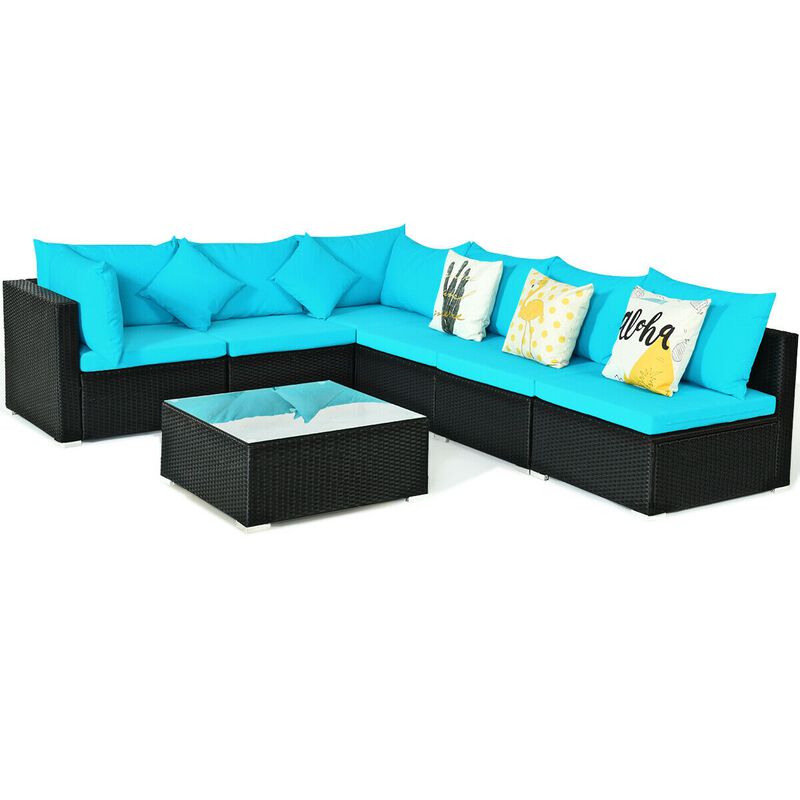 7 Pieces Sectional Wicker Furniture Sofa Set with Tempered Glass Top-Blue